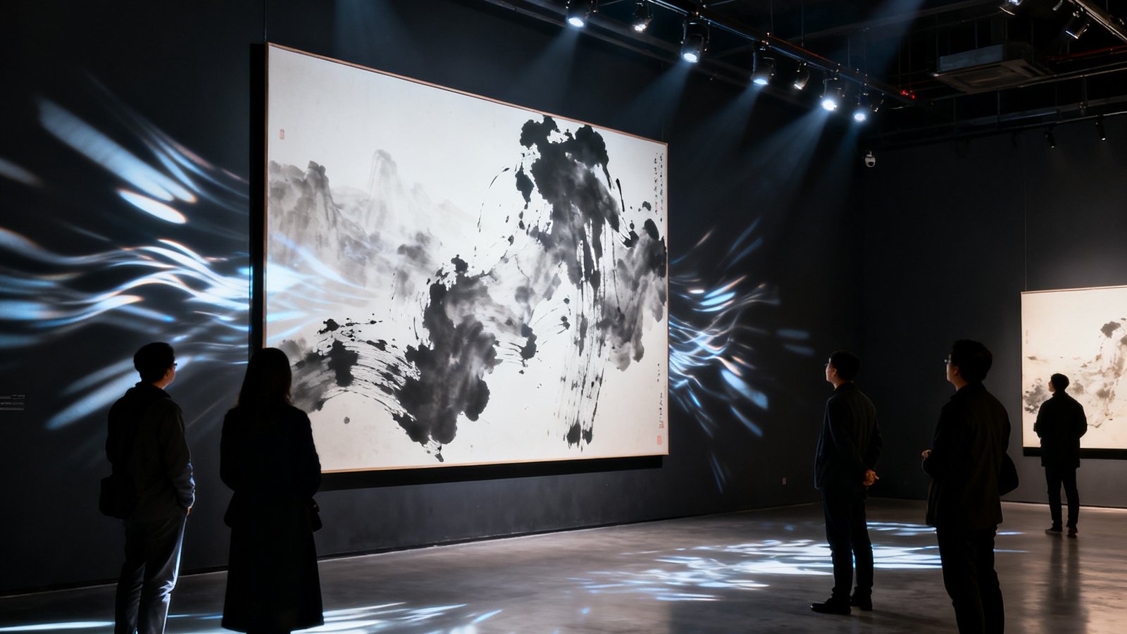BJL平台集团北京总部艺术展厅内景，一幅大型当代水墨作品悬挂于主墙面，数字投影系统将动态光影投射于展品周围，多位观众安静驻足欣赏，空间采用深色调工业风设计，轨道射灯营造出博物馆级别的观展氛围。