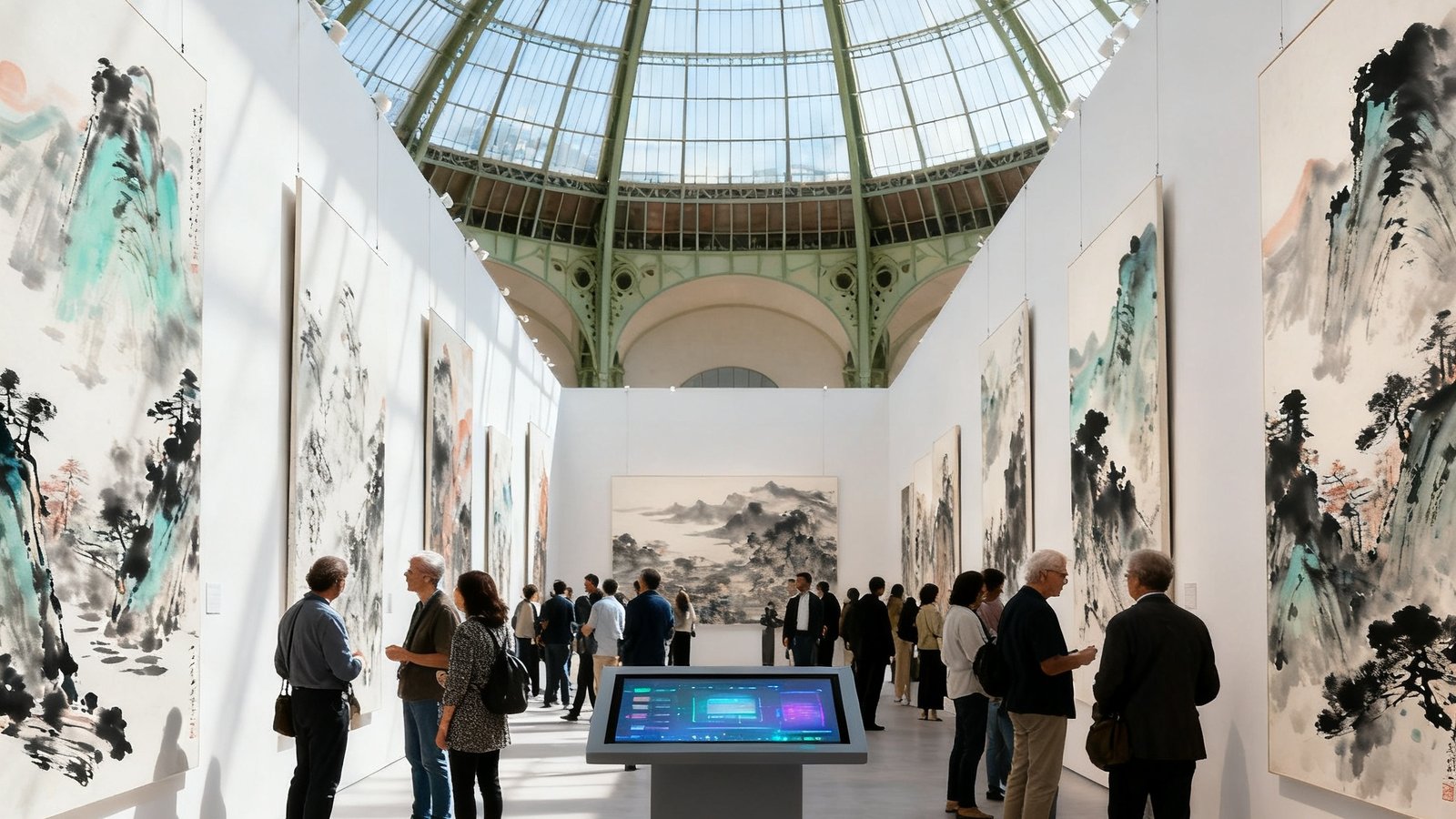 巴黎大皇宫玻璃穹顶下，BJL平台集团策展的当代中国水墨艺术展现场，三十余幅大型水墨作品悬挂于白色展墙，自然光透过穹顶洒落，来自不同国家的观众在作品前低声交流，展厅中央设有一座互动数字装置。